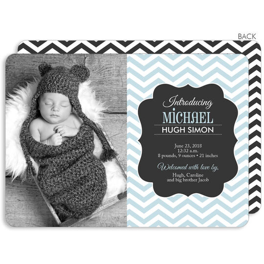 Blue Chevron and Black Photo Birth Announcements